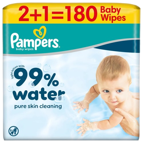 Pampers Aqua 99% Water Wipes 3x60τμχ (2+1 ΔΩΡΟ) – Υγρά Μαντηλάκια Καθαρισμού με 99% Νερό
